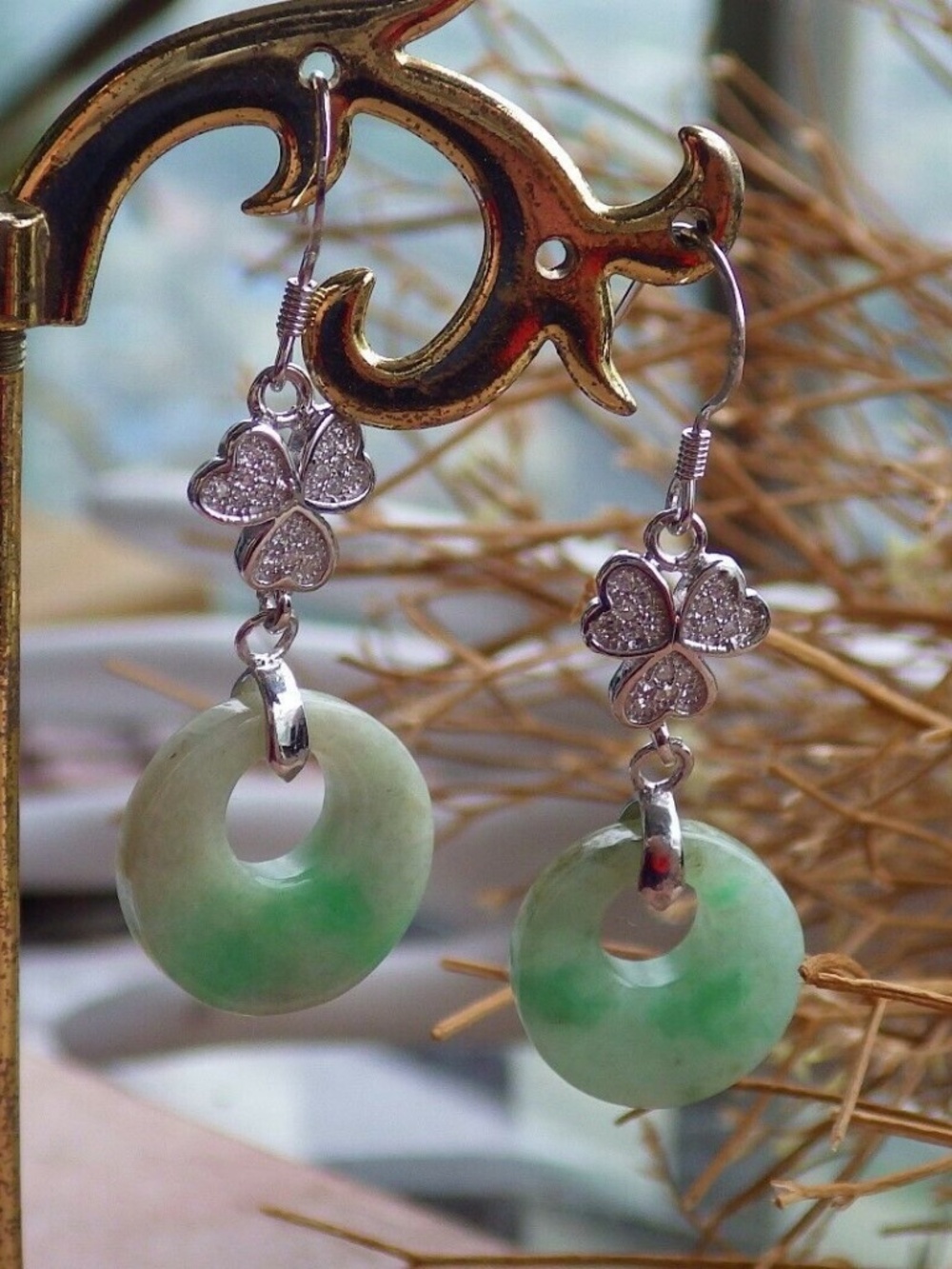 Sterling Silver 0.925 Natural A Jade jadeite Circle Earrings Dangle 耳环